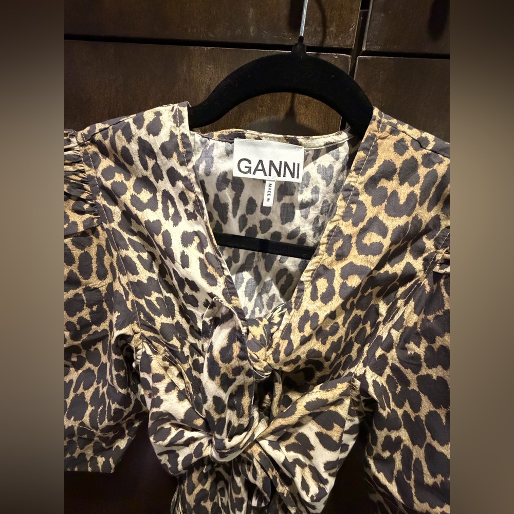 GANNI Leopard Printed Cotton Tie Strap Midi Dress - Picture 6 of 8